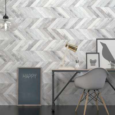 gray herringbone tile accent wall in home office
